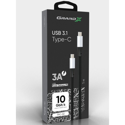 Кабель Grand-X USB Type-C - USB Type-C, Power Delivery, 65W, 1м, Black (TPC-02)